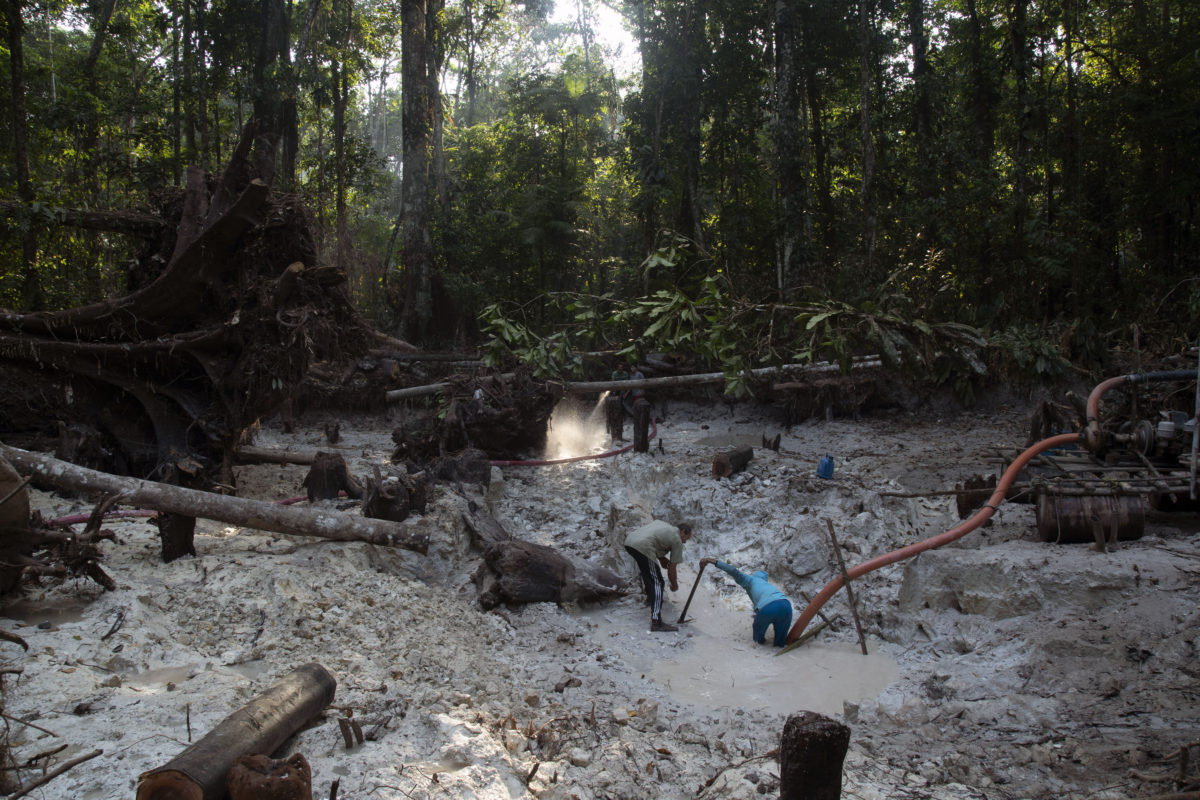 Men search for gold at an illegal gold mine in the Amazon jungle in the Itaituba area of Para state, Brazil, Friday, Aug. 21, 2020. It’s part of a gold rush that started in 1984 after the precious metal was discovered in the region, where around 30 tons of gold worth some $1.1 billion are illegally traded in the state of Para annually, according to National Mining Agency estimates, or about six times more than the amount legally declared. (AP Photo/Lucas Dumphreys)