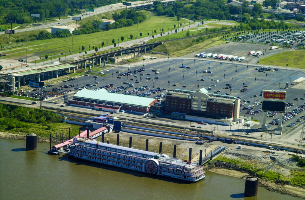 A vintage image of the Casino Queen Riverboat Casino moving down the Mississippi River. Photo by Jerry Coli.